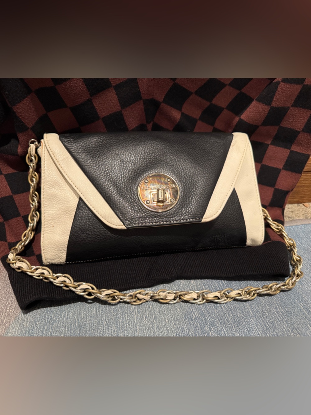 Black and Cream Leather Shoulder Bag/Clutch with Removable Chain Strap